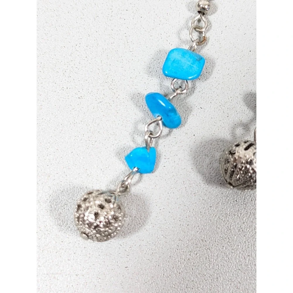 Beachy Coastal Blue Stone Chip Round Filigree‎ Ball Dangle Hook Earrings
